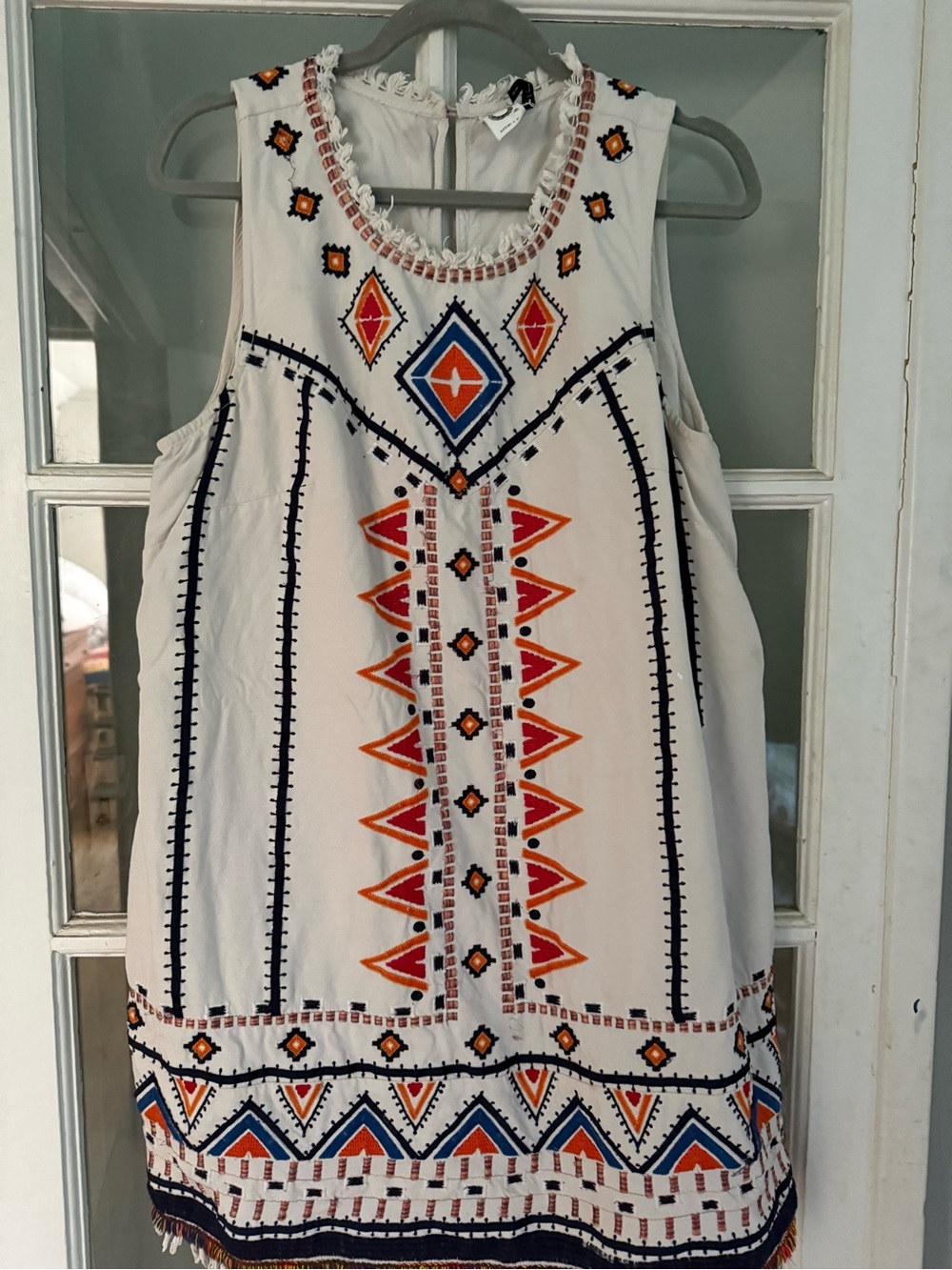 White Embroidered Mini Dress with Blue & Orange Geometric Detail